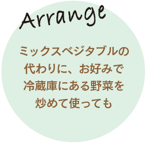 ミックスベジタブルの代わりに、お好みで冷蔵庫にある野菜を炒めて使っても