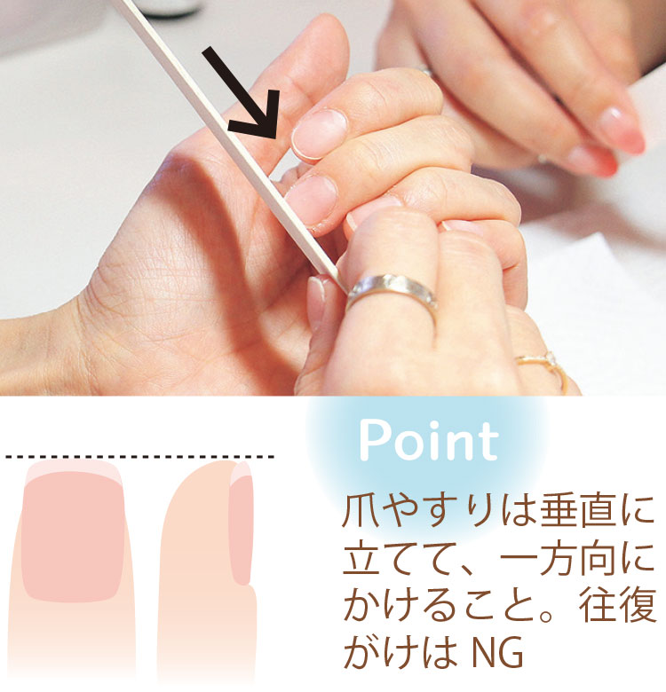 Point 爪やすりは垂直に立てて、一方向にかけること。往復がけはNG